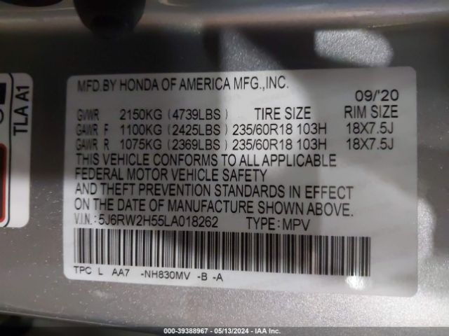 5J6RW2H55LA018262 Honda Cr-v Awd Ex