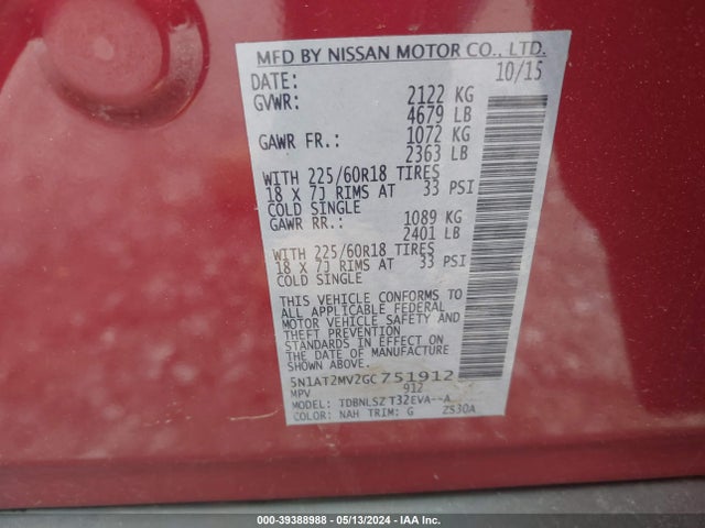 Nissan Rogue Sl 2016 5N1AT2MV2GC751912 Image 9