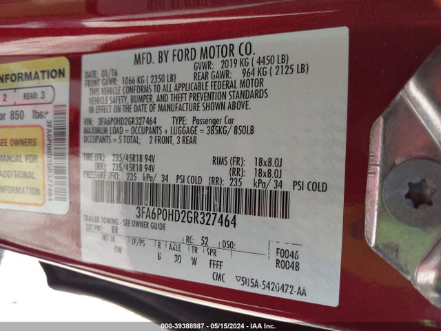 Ford FUSION SE 2016 3FA6P0HD2GR327464 Image 9