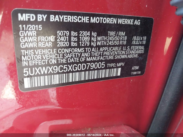 BMW X3 Xdrive28i 2016 5UXWX9C5XG0D79005 Image 9