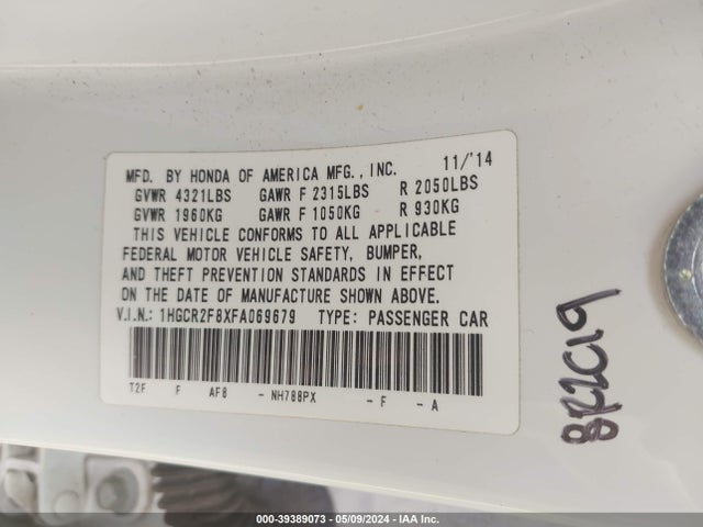 Honda Accord Ex-l 2015 1HGCR2F8XFA069679 Image 9
