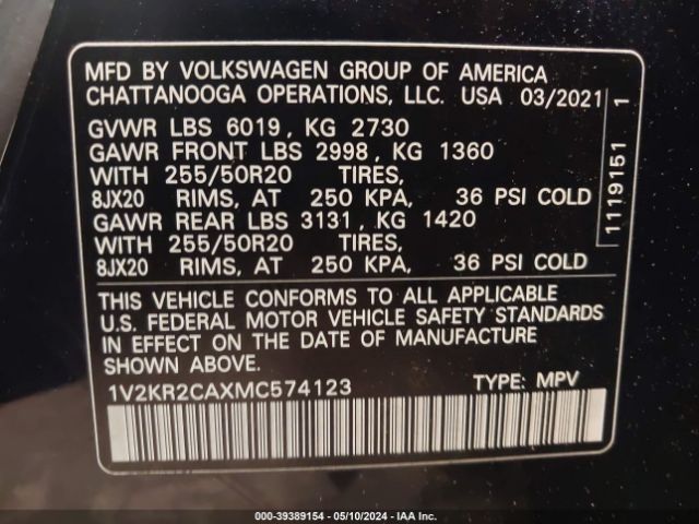 1V2KR2CAXMC574123 Volkswagen Atlas 3.6l V6 Se W/technology