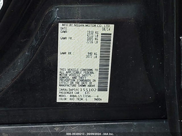 Nissan Altima 2.5 Sv 2015 1N4AL3AP5FC155102 Image 9