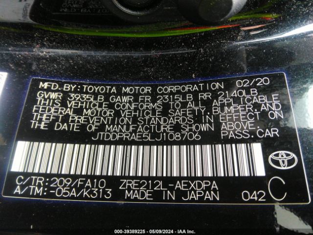 JTDDPRAE5LJ108706 Toyota COROLLA L