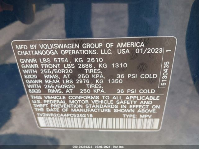 1V2WR2CA4PC526218 Volkswagen Atlas 3.6l V6 Se W/technology