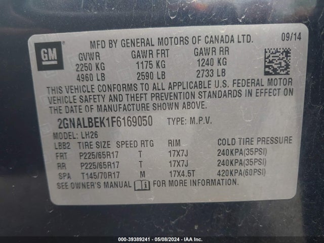Chevrolet EQUINOX 1LT 2015 2GNALBEK1F6169050 Image 9