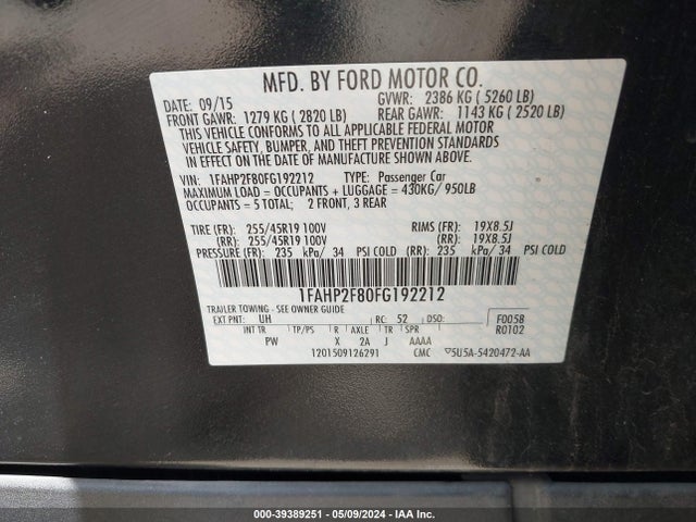 Ford Taurus Limited 2015 1FAHP2F80FG192212 Image 9