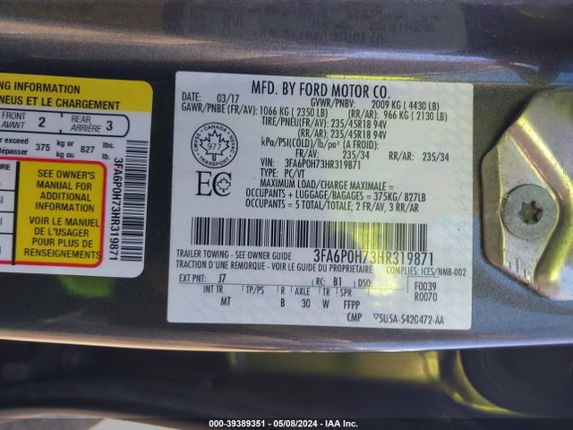 Ford FUSION SE 2017 3FA6P0H73HR319871 Image 9