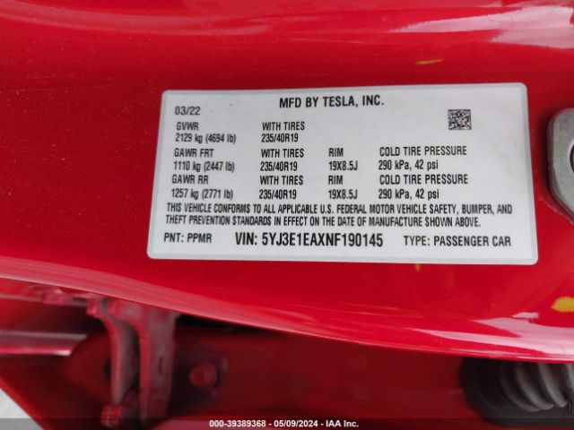 5YJ3E1EAXNF190145 Tesla Model 3 Rear-wheel Drive