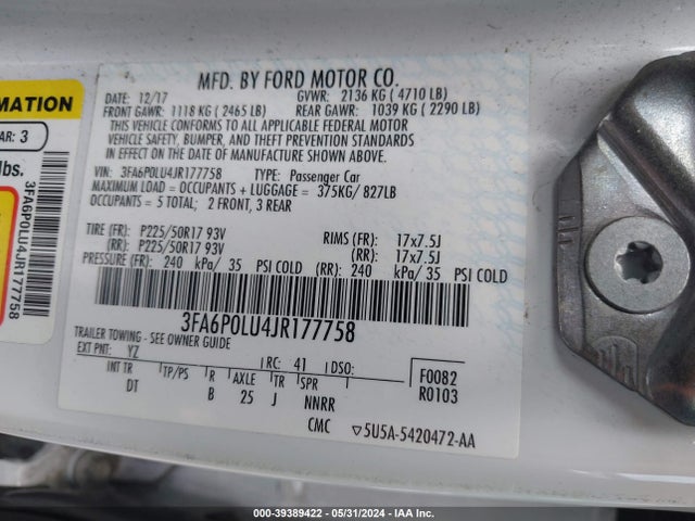 Ford Fusion Hybrid Se 2018 3FA6P0LU4JR177758 Image 9