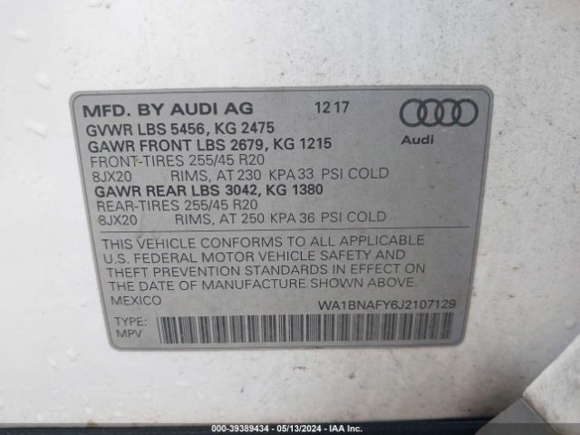 WA1BNAFY6J2107129 Audi Q5 2.0t Premium/2.0t Tech Premium