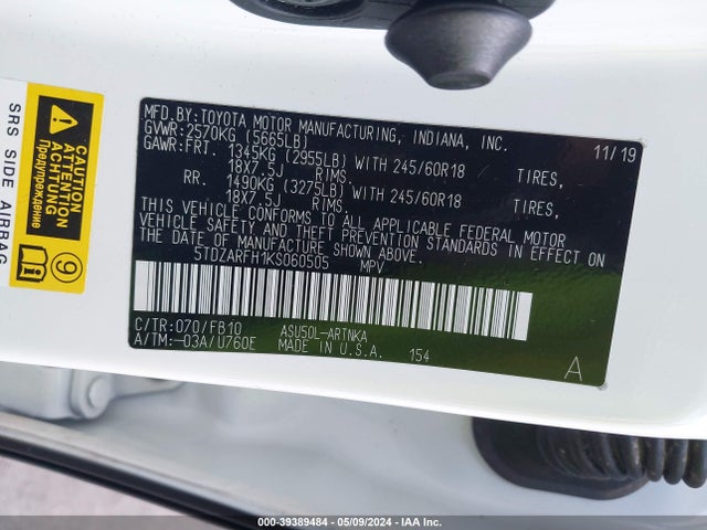 Toyota Highlander Le 2019 5TDZARFH1KS060505 Image 9