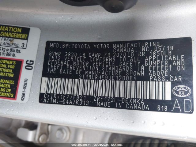 2T1BURHE9JC120064 Toyota COROLLA LE