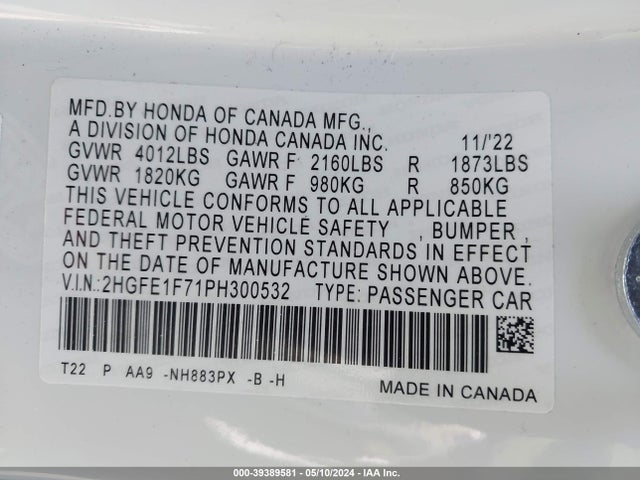 Honda Civic Ex /ex W/o Bsi 2023 2HGFE1F71PH300532 Image 9