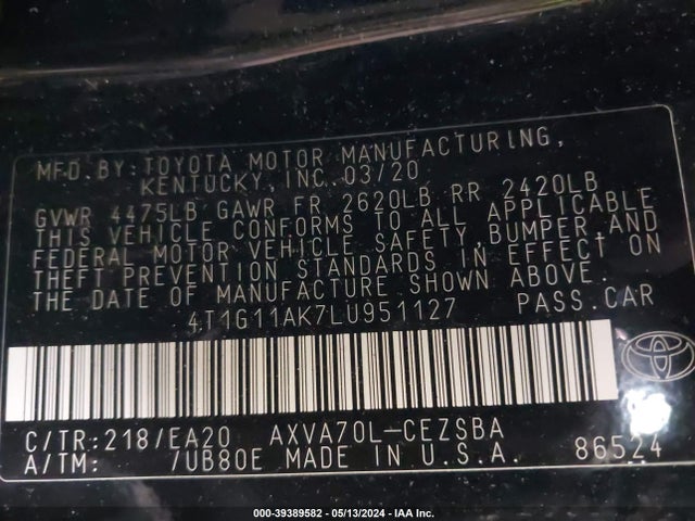 Toyota CAMRY SE 2020 4T1G11AK7LU951127 Image 9