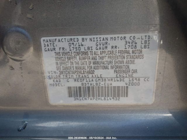 3N1CN7AP2HL814932 Nissan Versa 1.6 S/1.6 S+/1.6 Sl/1.6 Sv