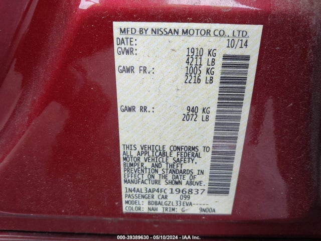 Nissan Altima 2.5 S 2015 1N4AL3AP4FC196837 Image 9