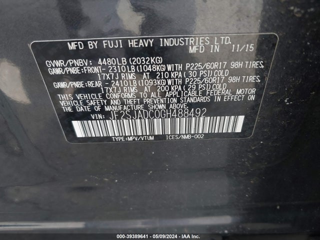Subaru Forester 2.5i Premium 2016 JF2SJADC0GH488492 Image 9