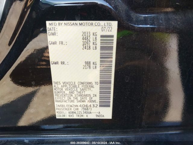 1N4BL4EW2NN406432 Nissan Altima Sl Intelligent Awd
