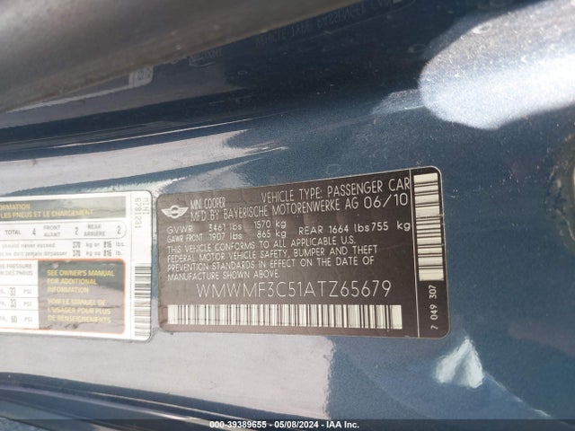 2010 MINI COOPER WMWMF3C51ATZ65679 Photo 8