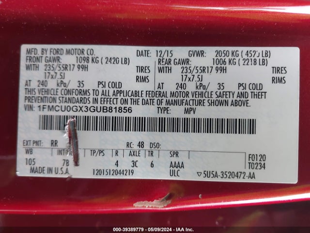 Ford ESCAPE SE 2016 1FMCU0GX3GUB81856 Image 9