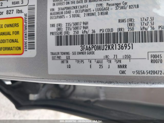 3FA6P0MU2KR136951 Ford Fusion Hybrid Sel