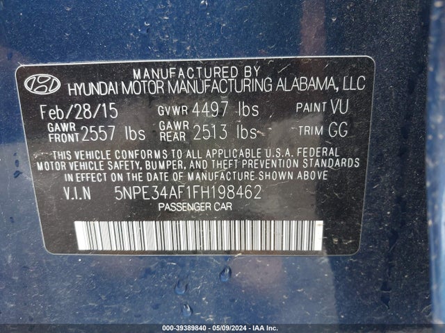 Hyundai Sonata Limited 2015 5NPE34AF1FH198462 Image 9