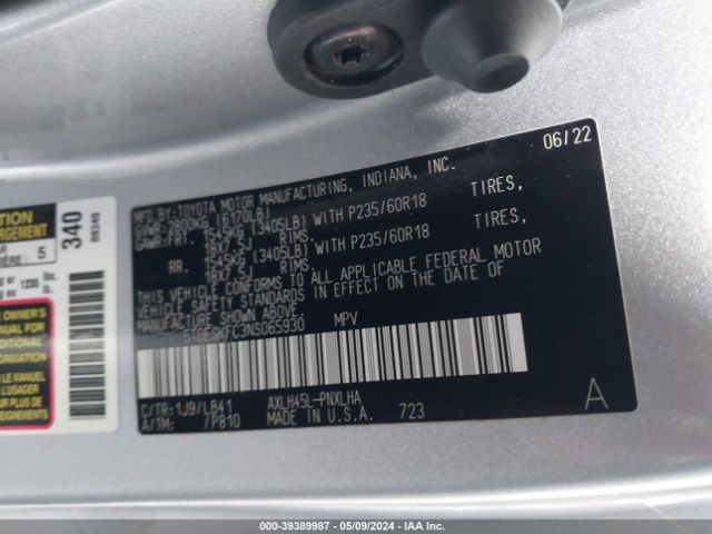 5TDESKFC3NS065930 Toyota Sienna Platinum