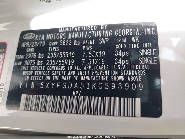 KIA Sorento 3.3l S 2019 5XYPGDA51KG593909 Image 9