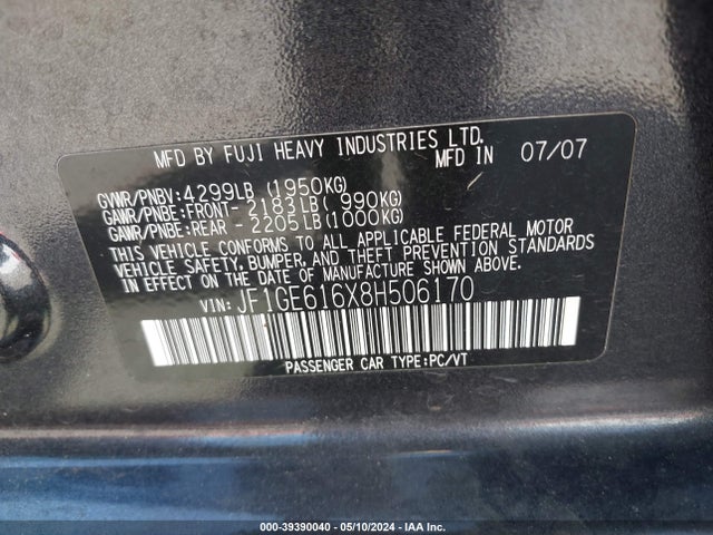 39390040 :رقم المزاد ، JF1GE616X8H506170 vin ، 2008 Subaru Impreza 2.5i مزاد بيع