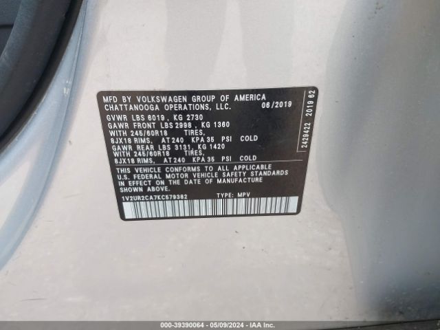 1V2UR2CA7KC579382 Volkswagen Atlas 3.6l V6 Se W/technology