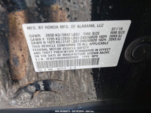 5FNYF6H08KB005945 Honda Pilot Elite