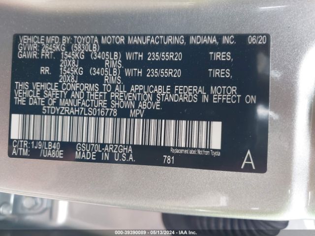 5TDYZRAH7LS016778 Toyota Highlander Limited