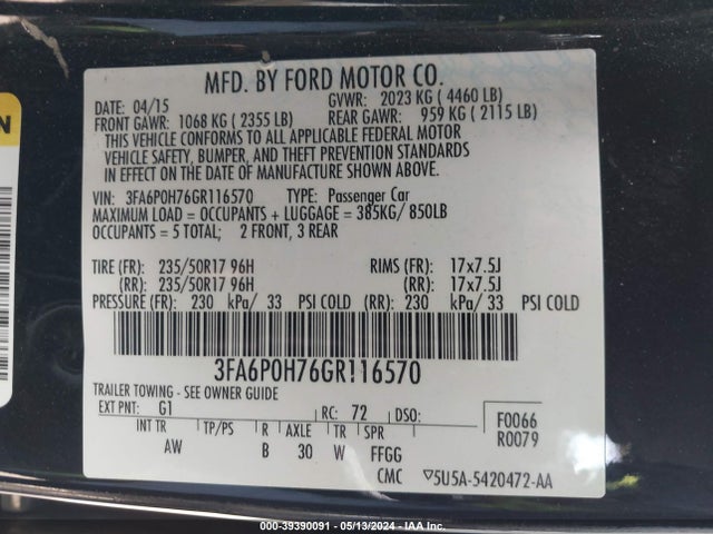 Ford FUSION SE 2016 3FA6P0H76GR116570 Image 9