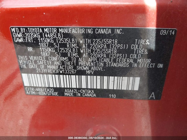 Toyota Rav4 Limited 2015 2T3YFREV3FW133267 Image 9