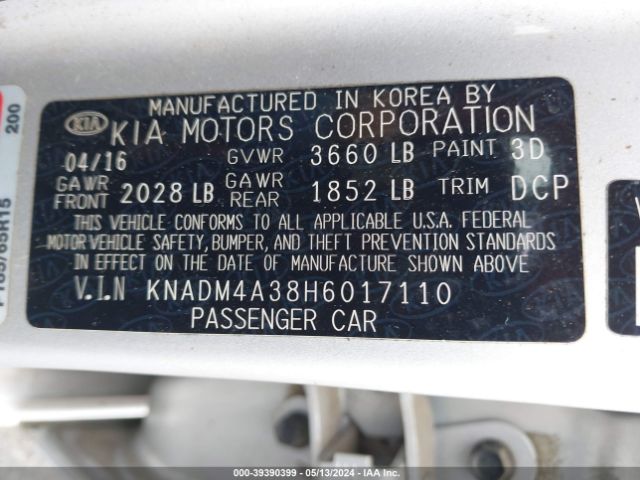 KNADM4A38H6017110 KIA RIO LX