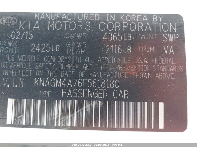 KIA Optima Lx 2015 KNAGM4A76F5618180 Image 9