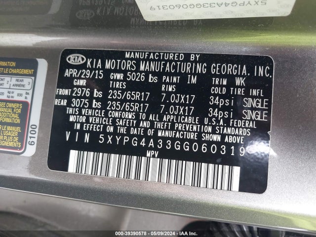 KIA Sorento 2.4l Lx 2016 5XYPG4A33GG060319 Image 9