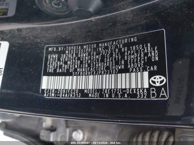 Toyota COROLLA SE 2018 5YFBURHEXJP823107 Image 9