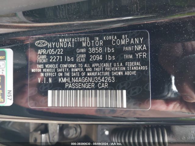 KMHLN4AG6NU354263 Hyundai ELANTRA SEL