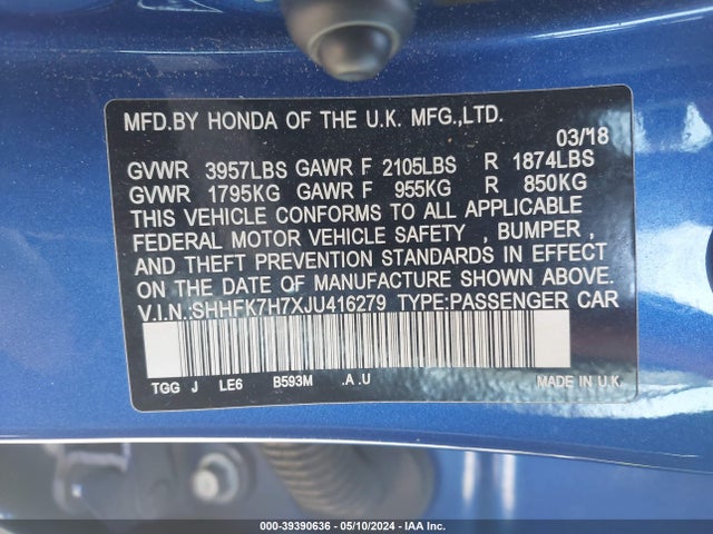 Honda Civic Ex-l 2018 SHHFK7H7XJU416279 Image 9
