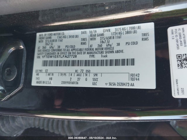 Ford F-150 Lariat 2020 1FTEW1E57LFA27728 Image 9