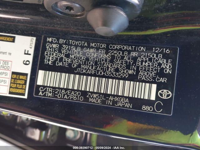 JTDKARFU0H3533299 Toyota Prius Four