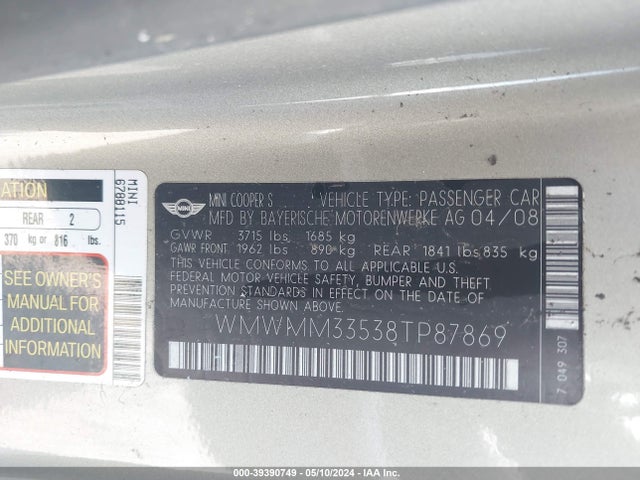 2008 MINI COOPER S CLUBMAN WMWMM33538TP87869 Photo 8