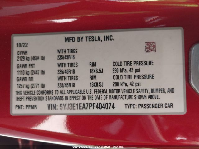 5YJ3E1EA7PF404074 Tesla Model 3 Rear-wheel Drive