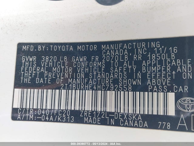 Toyota COROLLA SE 2017 2T1BURHE4HC792558 Image 9