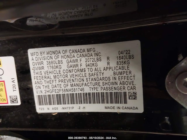 Honda Civic Sport 2022 2HGFE2F58NH581746 Image 9