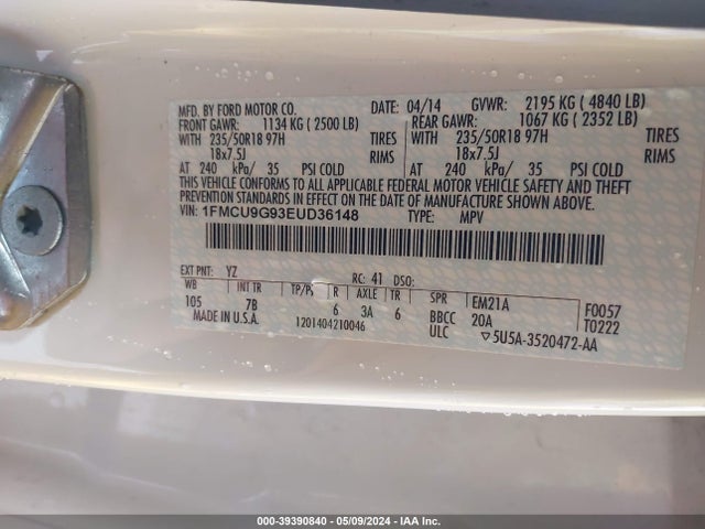 Ford ESCAPE SE 2014 1FMCU9G93EUD36148 Image 9