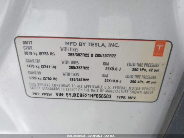 5YJXCBE21HF066503 Tesla Model X 100d/75d/90d