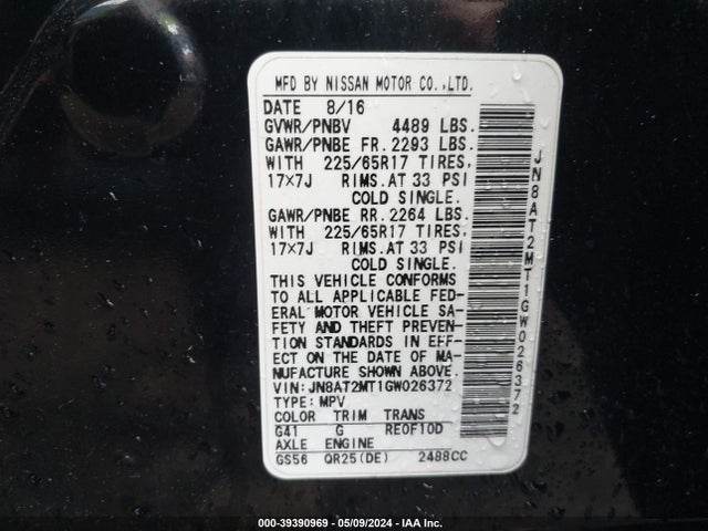 Nissan ROGUE S 2016 JN8AT2MT1GW026372 Image 9